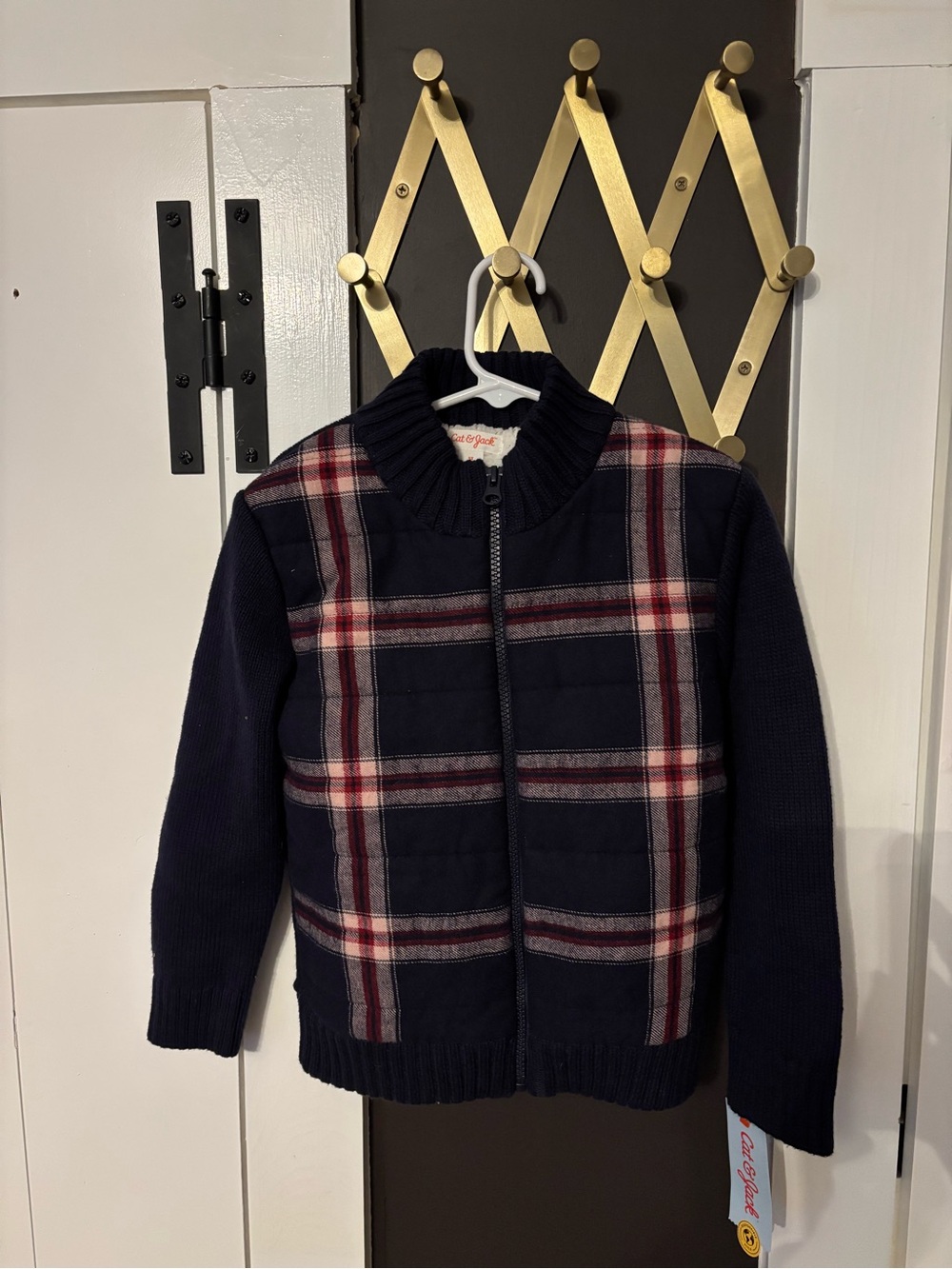 Cat & Jack Navy Plaid Zip Cardigan with Red Accents